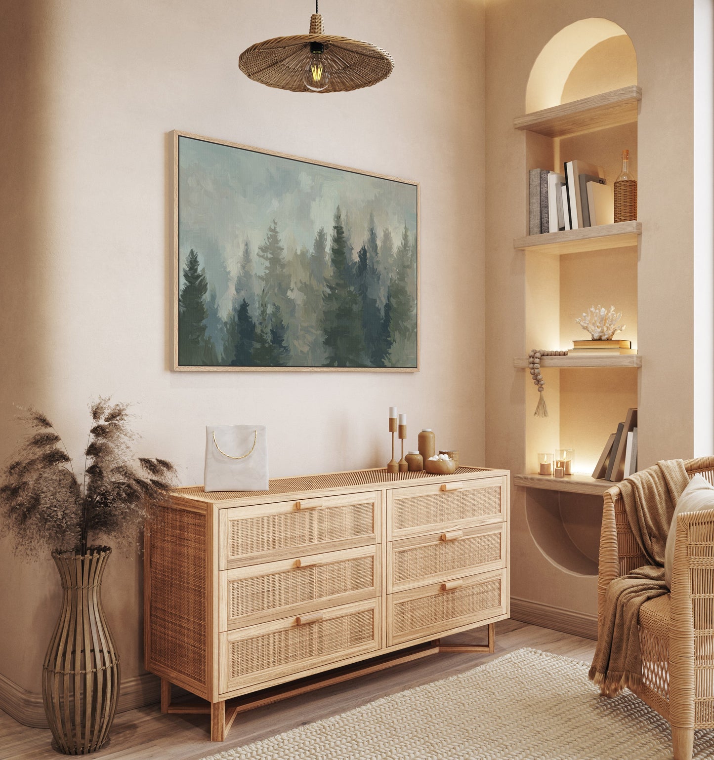 Ever Canvas Wall Art depicting misty forest in soft painterly tones hanging above woven wood dresser in cozy natural room