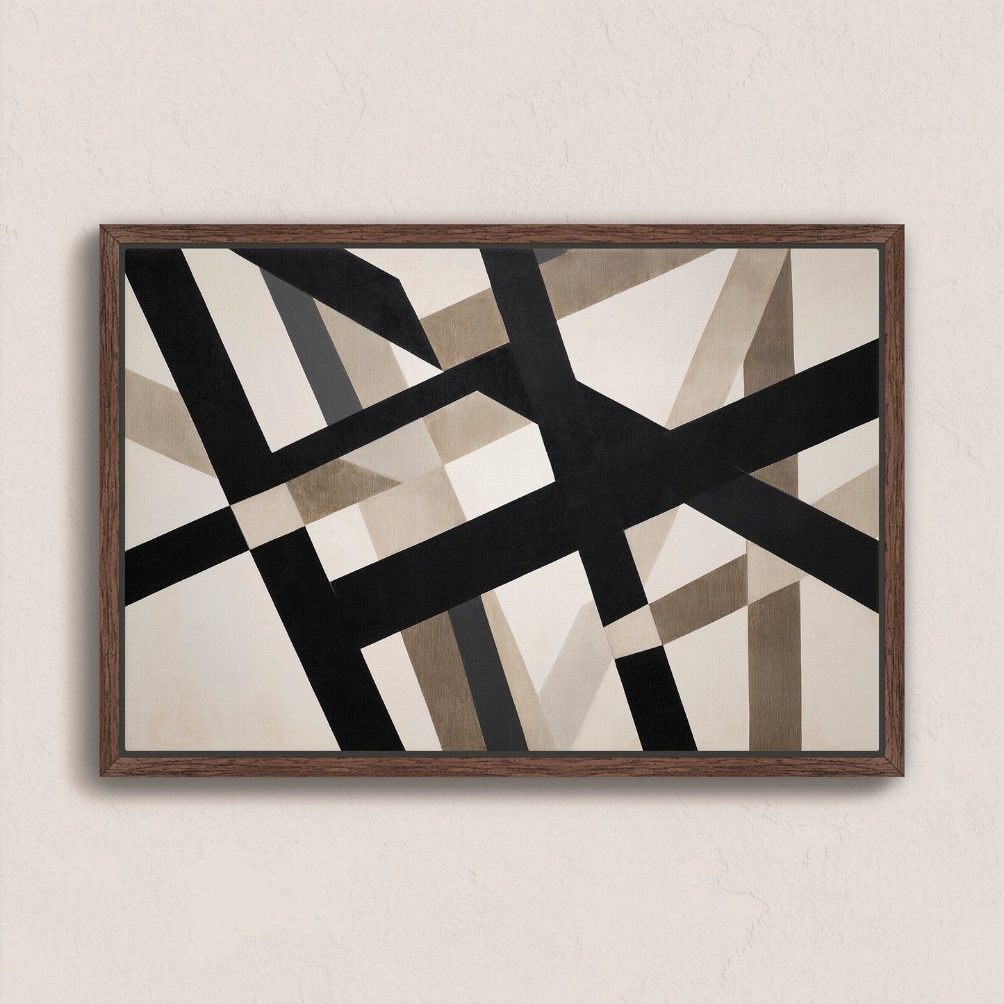 Axis Canvas Print with bold black and neutral geometric intersecting lines in a wooden frame on a beige wall