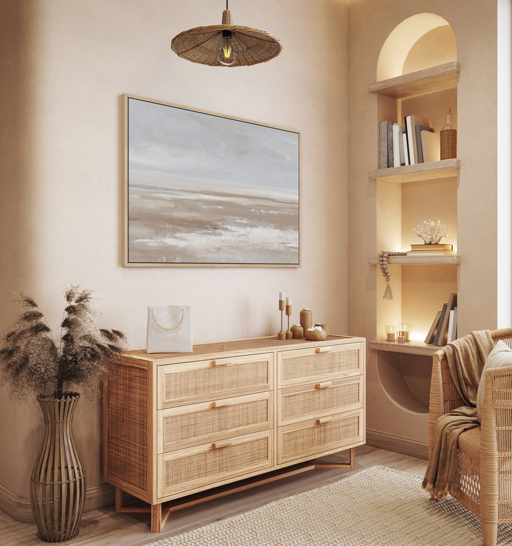 Minimalist "Barren" canvas print in taupe, cream, and sand tones displayed in modern neutral interior with wooden dresser and wicker furniture