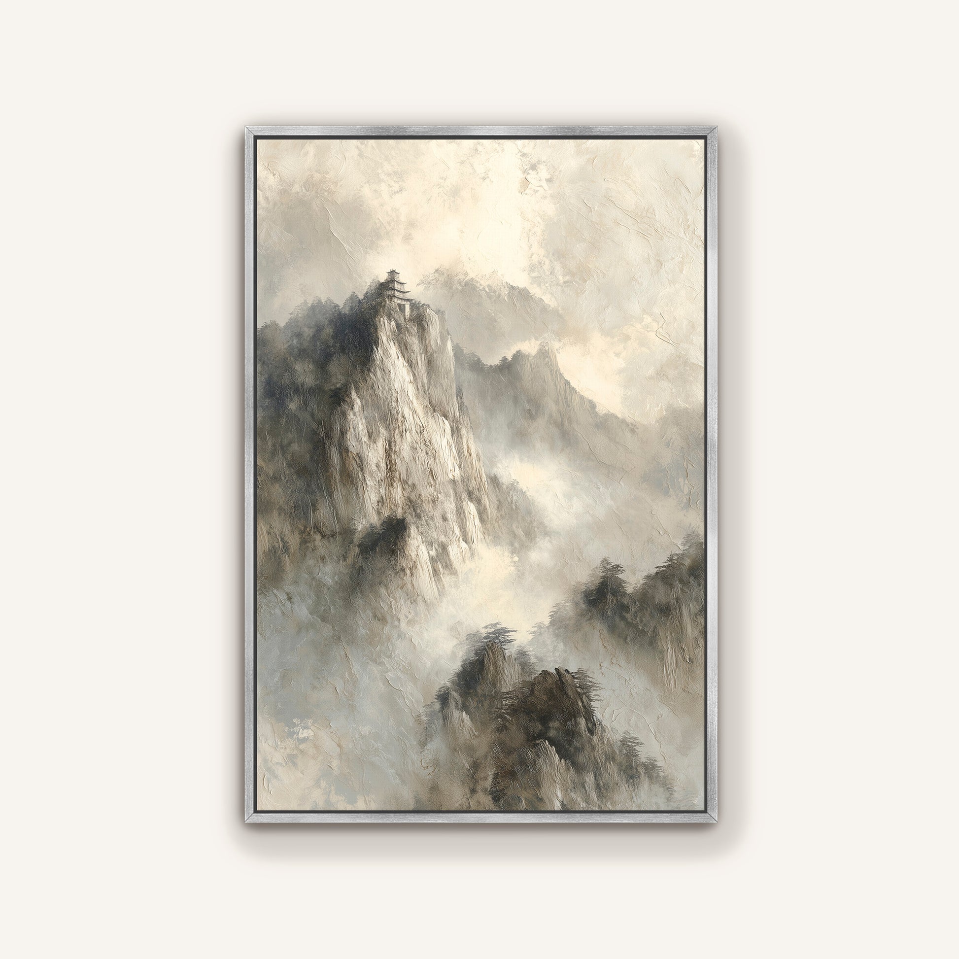 The image is a painting of a mountain landscape with a cloudy sky.