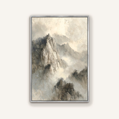 The image is a painting of a mountain landscape with a cloudy sky.