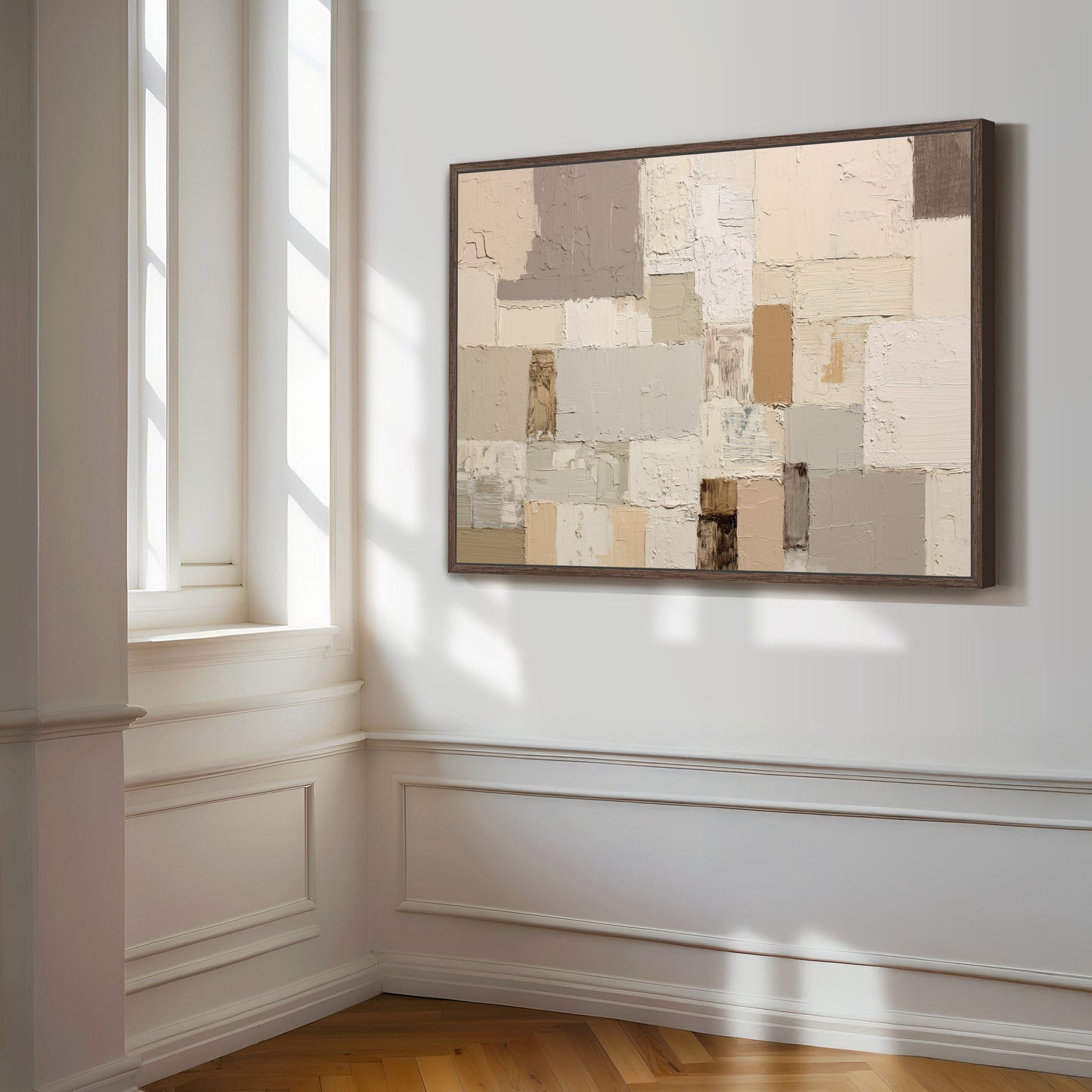 a large, abstract painting hanging on a white wall in a room with a window.