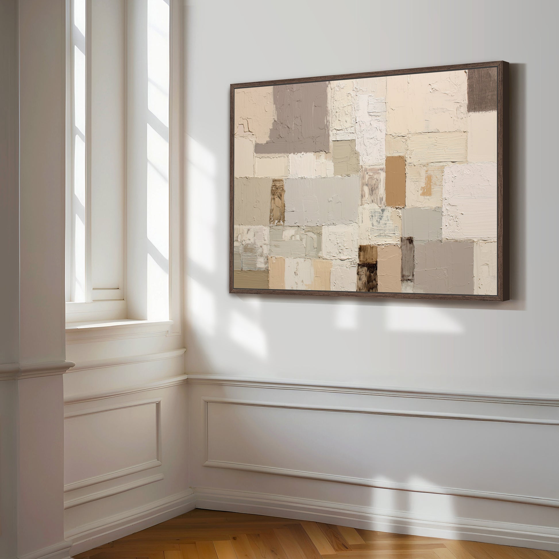 a large, abstract painting hanging on a white wall in a room with a window.