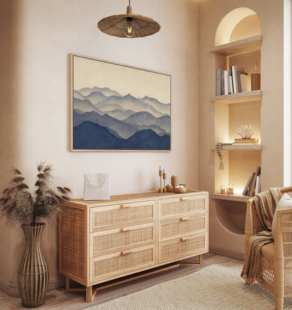 Veil canvas print of layered mountain silhouettes in indigo and beige, framed, minimalist wall art for modern interiors