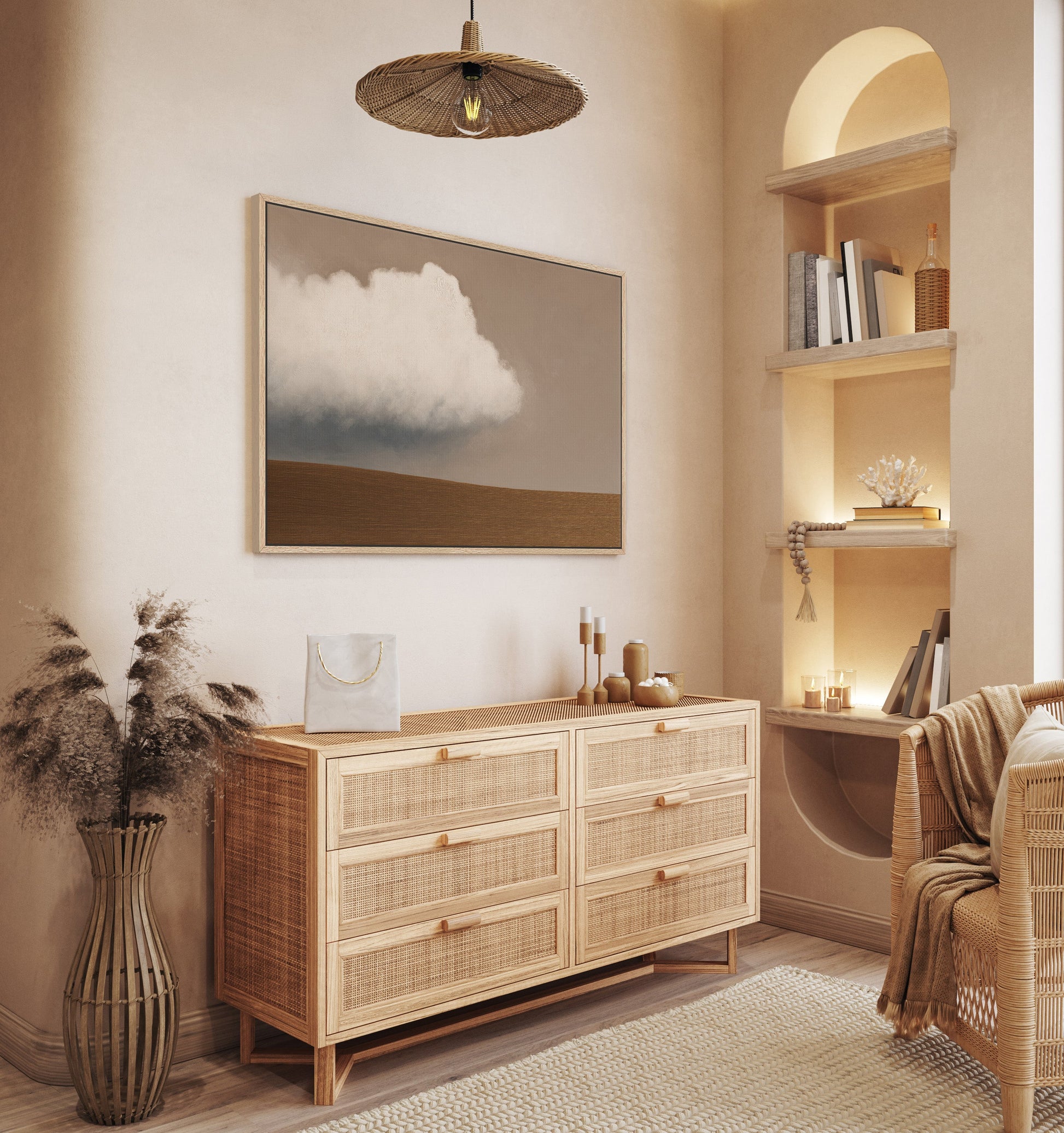 Aerie Canvas Print minimalist landscape with single cloud over muted earth horizon in warm taupe and ivory tones