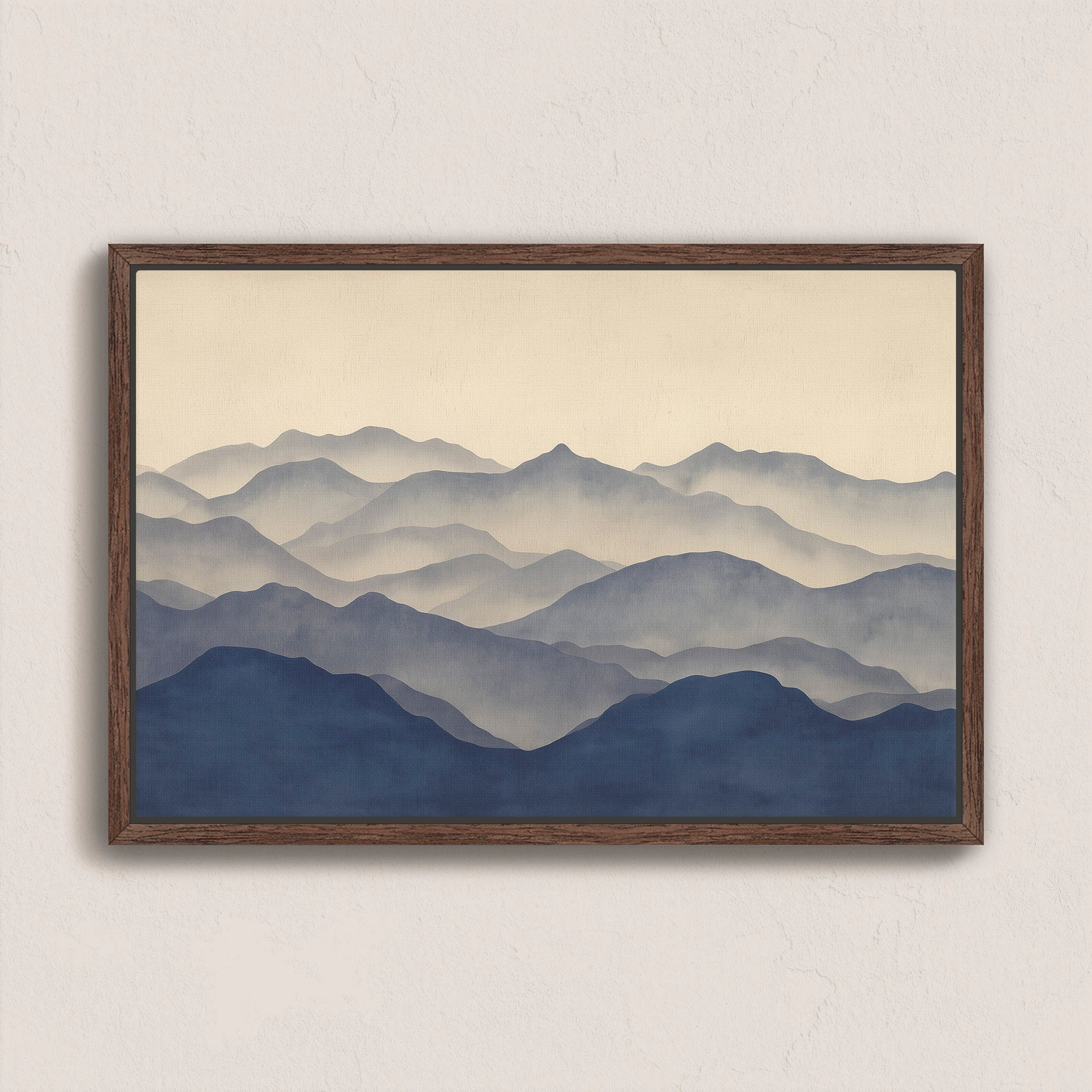 Veil canvas print of layered blue mountain silhouettes at dawn in a wooden frame