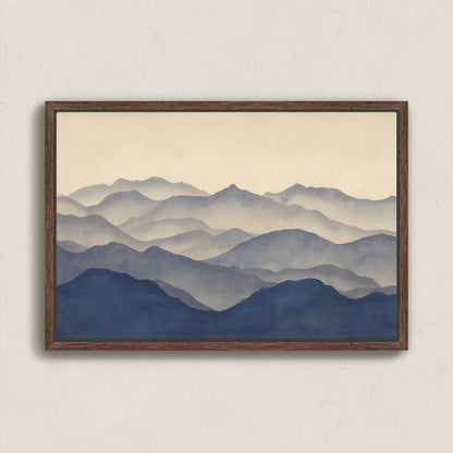 Veil canvas print of layered blue mountain silhouettes at dawn in a wooden frame