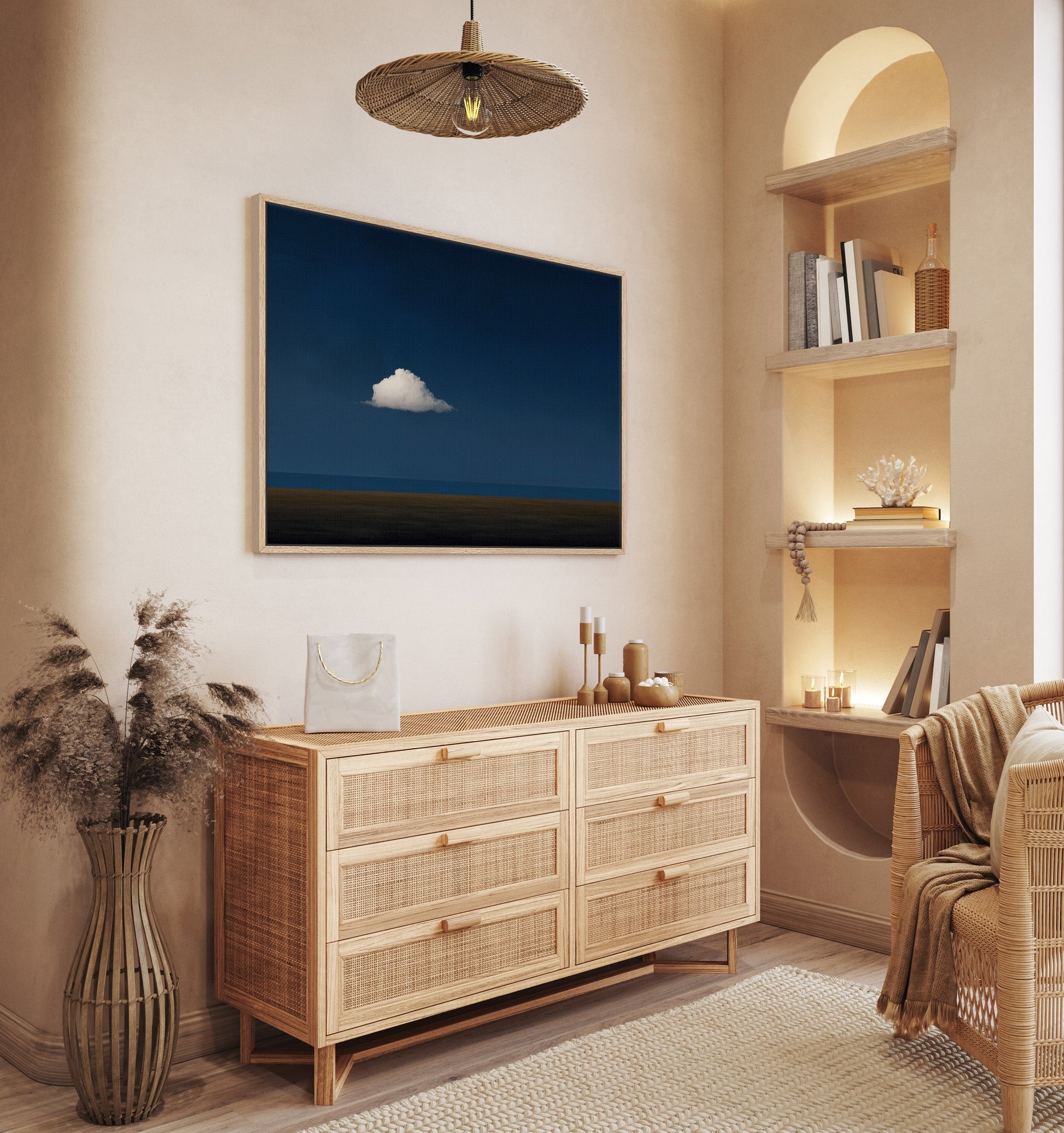 Nimbus Canvas Print showing a solitary white cloud against a dark blue sky in a minimalist modern room setting