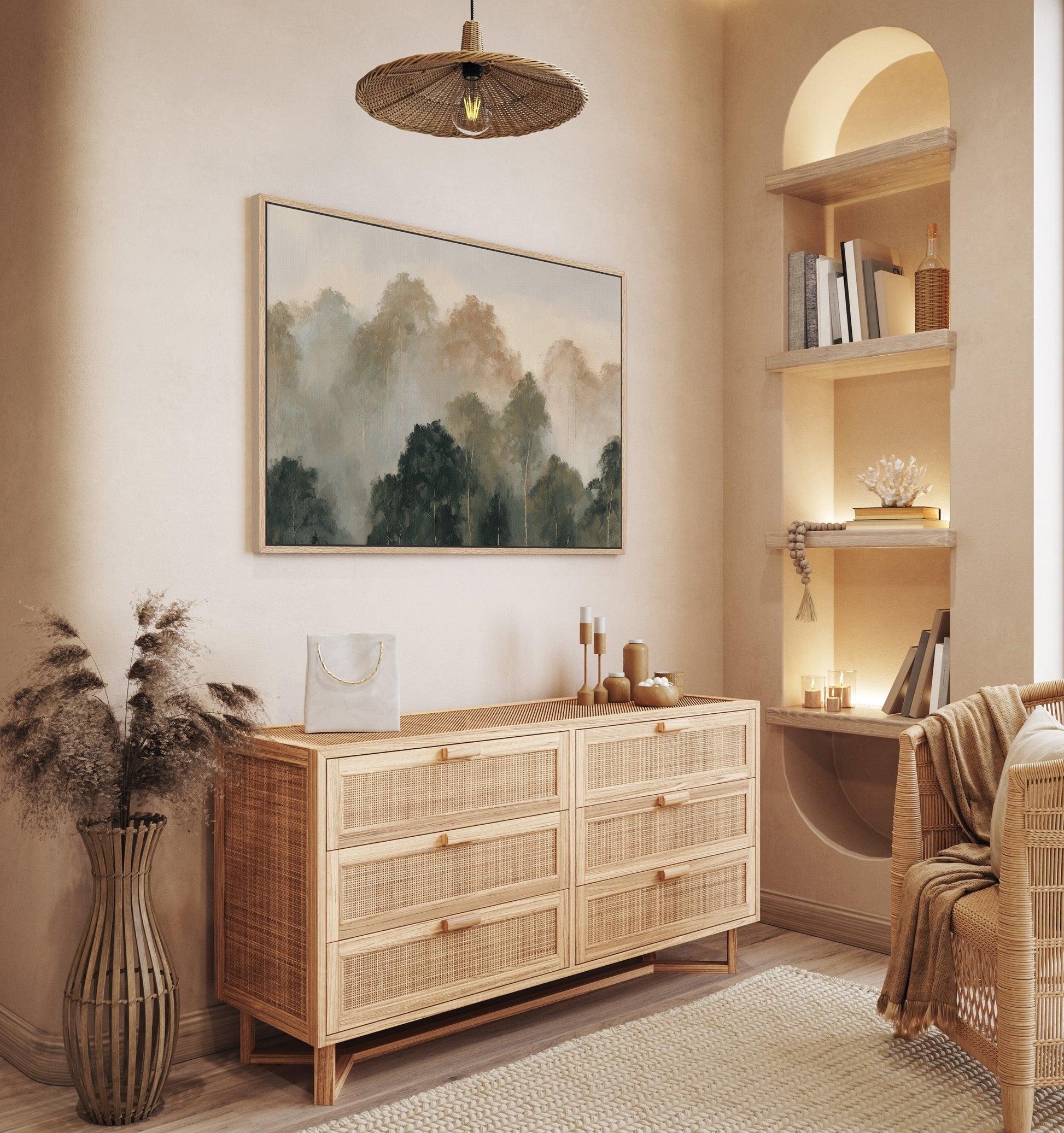 Fable canvas print depicting soft mist over layered treetops in muted olive and ivory tones, displayed in a cozy neutral living space.