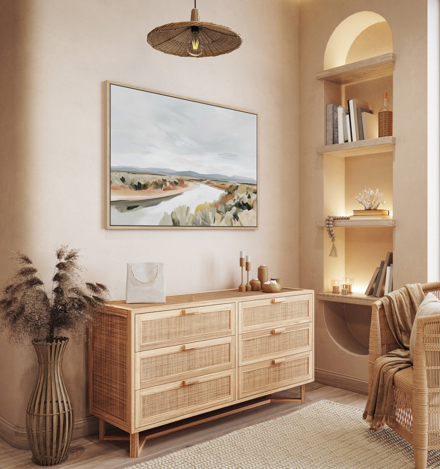 Mesa canvas print of modern desert landscape with river and muted tones in light natural wood frame in cozy minimal living room