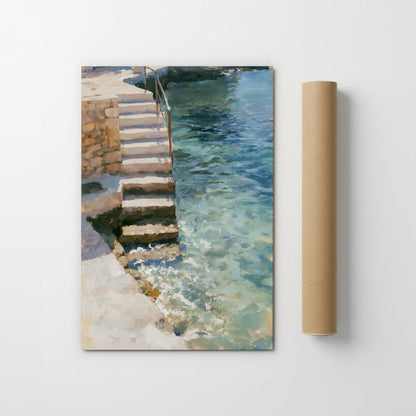 a stone staircase leading down to a body of water, with the water appearing to be a light blue color.