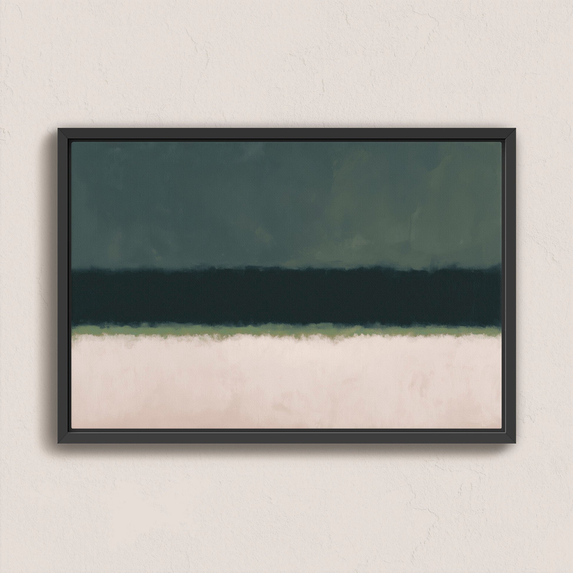 Shade canvas print with deep olive and neutral tones in a black frame, minimalist nature-inspired abstract art