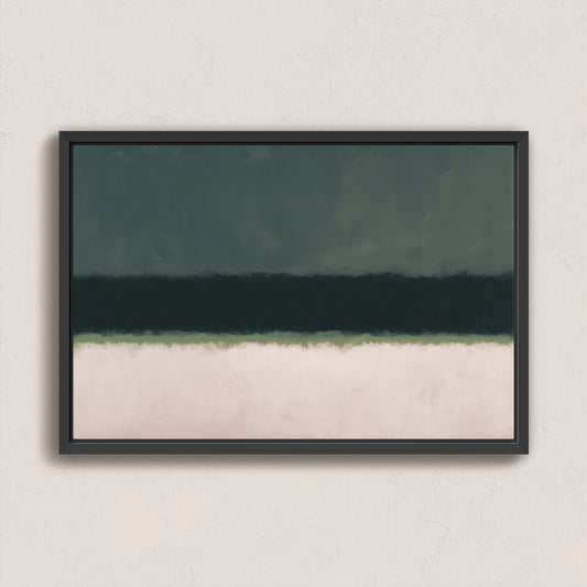 Shade canvas print with deep olive and neutral tones in a black frame, minimalist nature-inspired abstract art