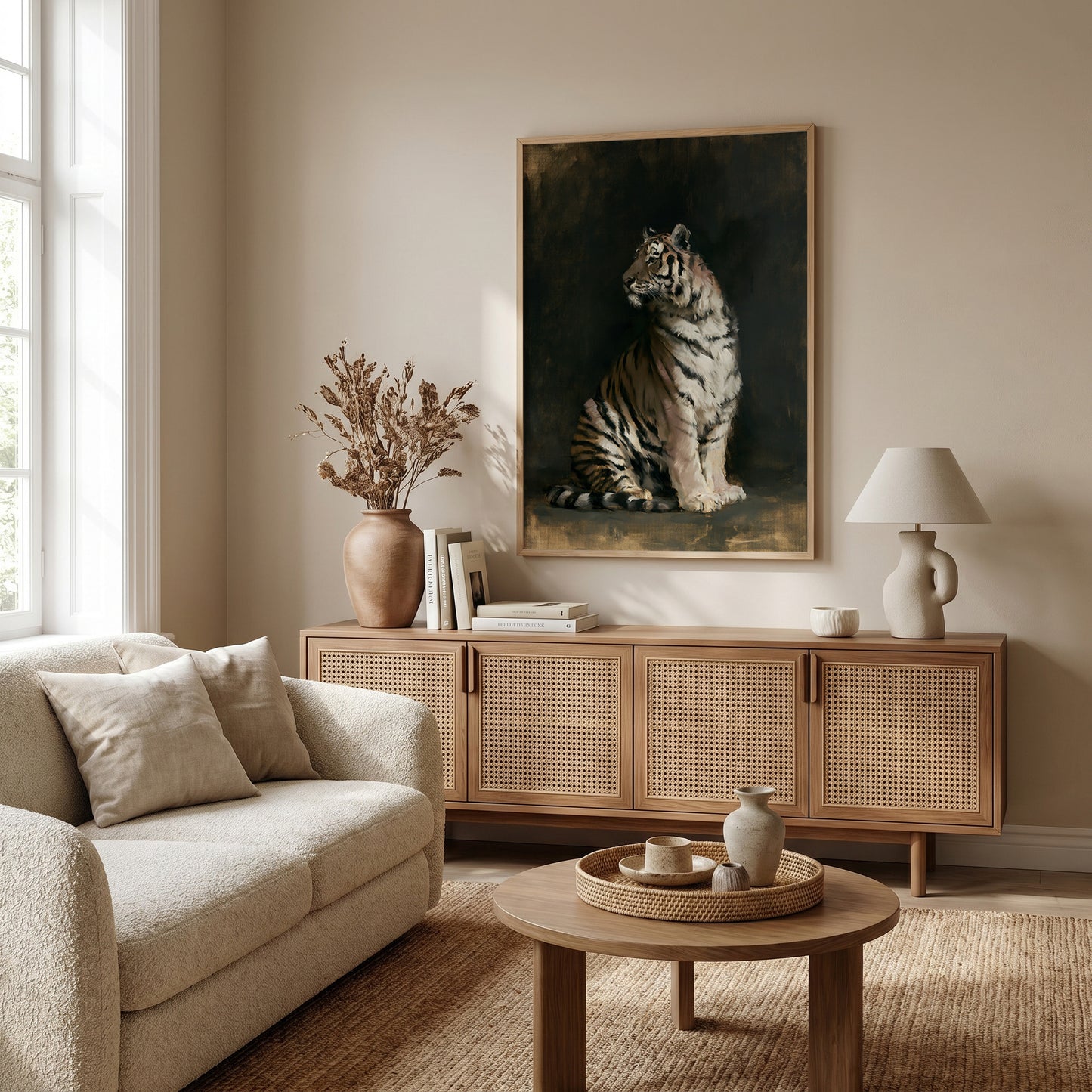 a serene living room with a large painting of a tiger on the wall, a beige sofa, a wooden sideboard, and a round coffee table.