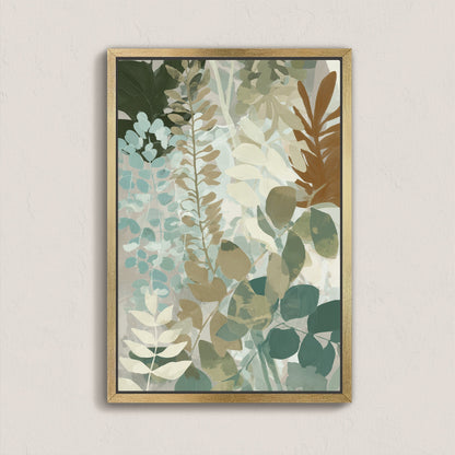 Herba canvas print featuring layered botanical forms in sage, sea-green, and beige tones with a natural wood frame.
