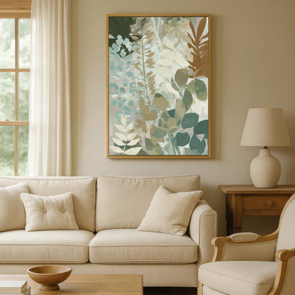 Herba Canvas Print botanical abstract in sage and beige hanging in modern neutral living room