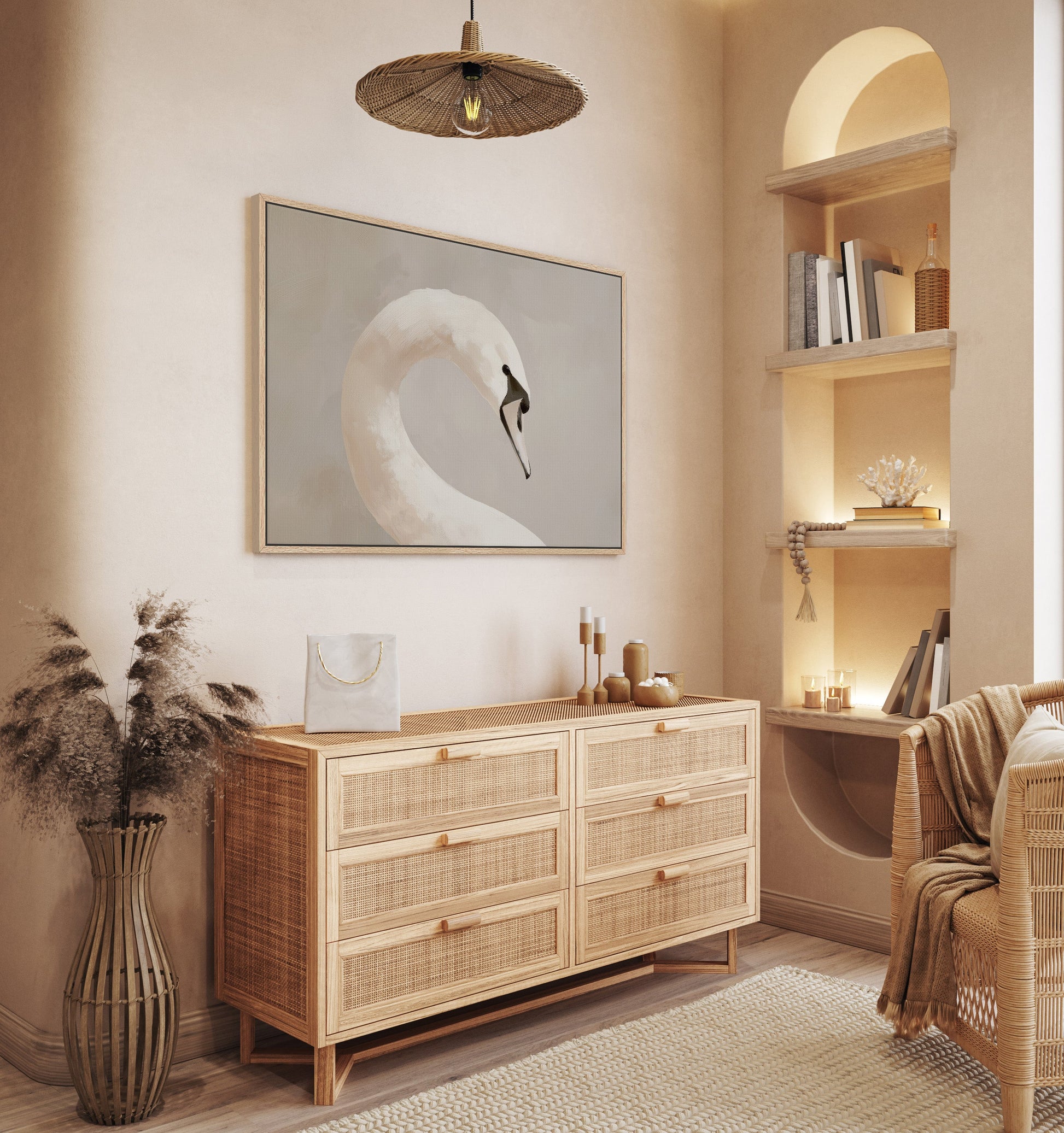 Lumine canvas print of a graceful swan in soft muted tones displayed in a minimalist modern living room