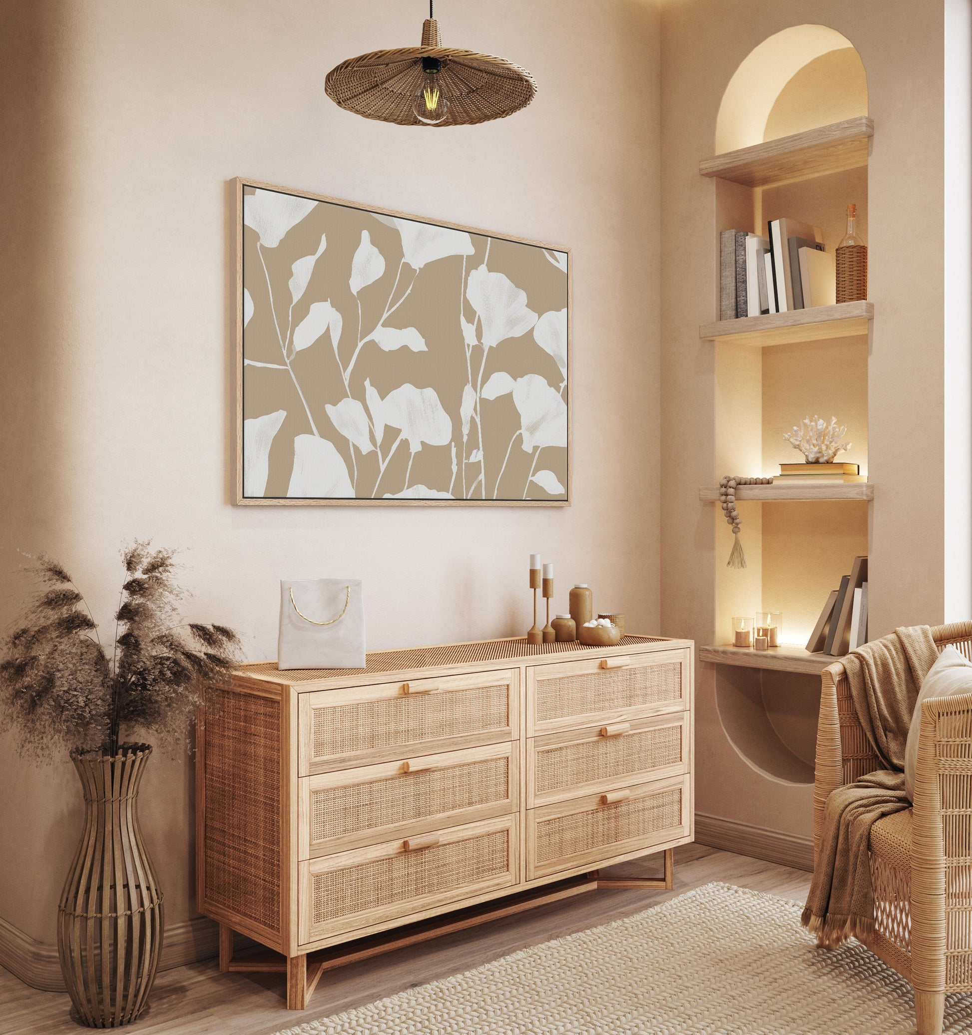 Driftleaf canvas print with soft white floral silhouettes on beige background in minimalist coastal room