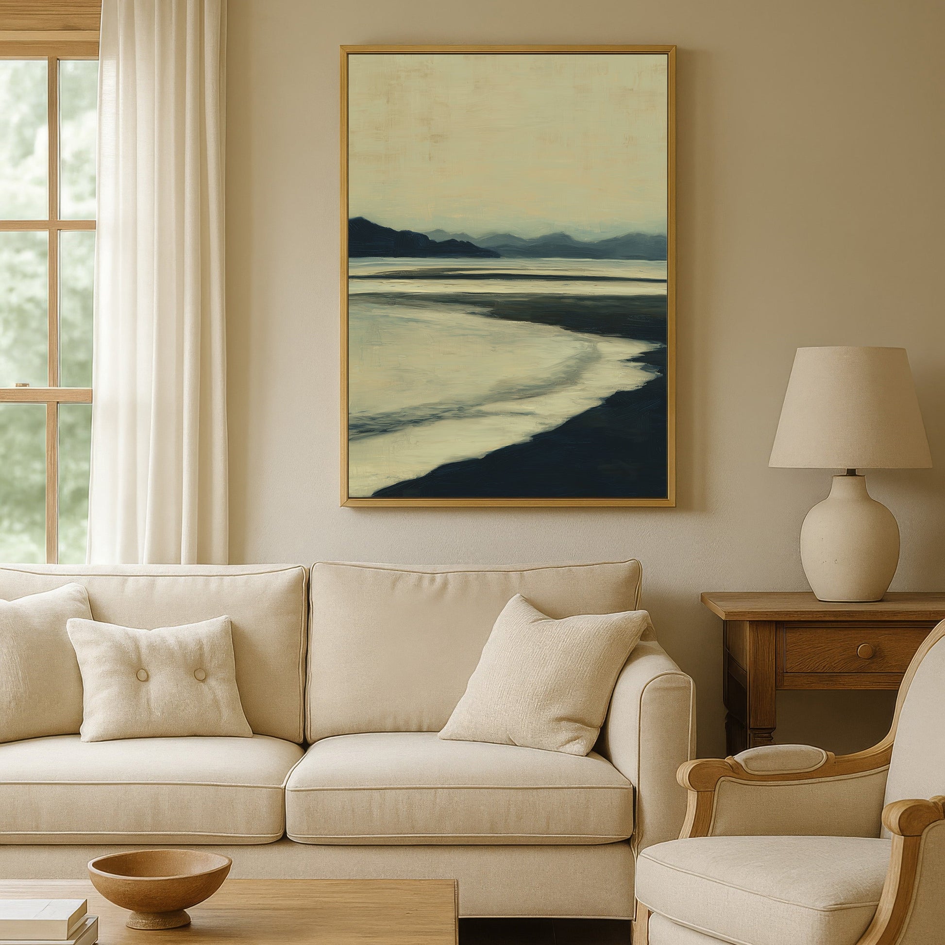 Echoes canvas print featuring hazy blues and soft ochre tones of a serene shoreline at dusk in a minimalist living room.