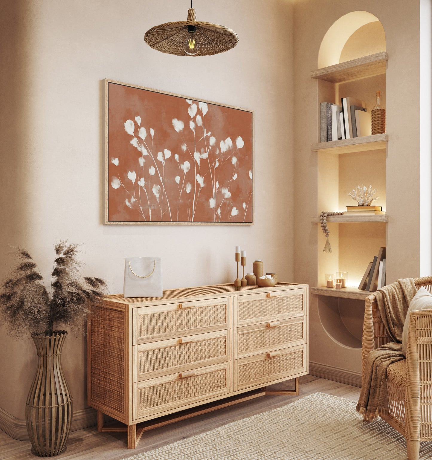 Ember Canvas Print with white petals on terracotta background in modern cozy room