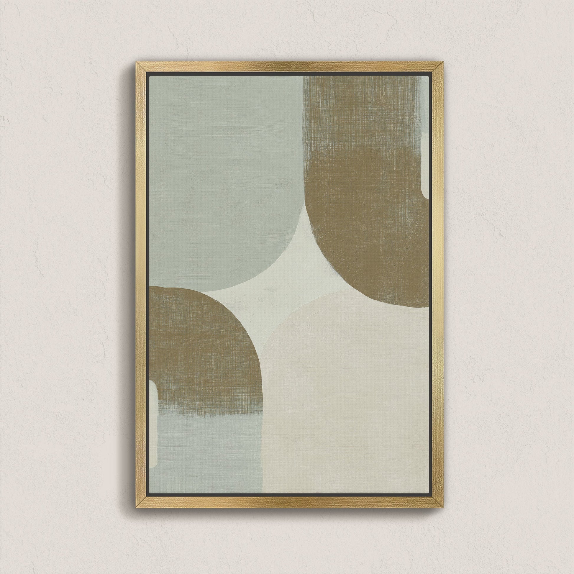 Abstract Forma canvas art with muted sage, ivory, and taupe curves in a gold frame