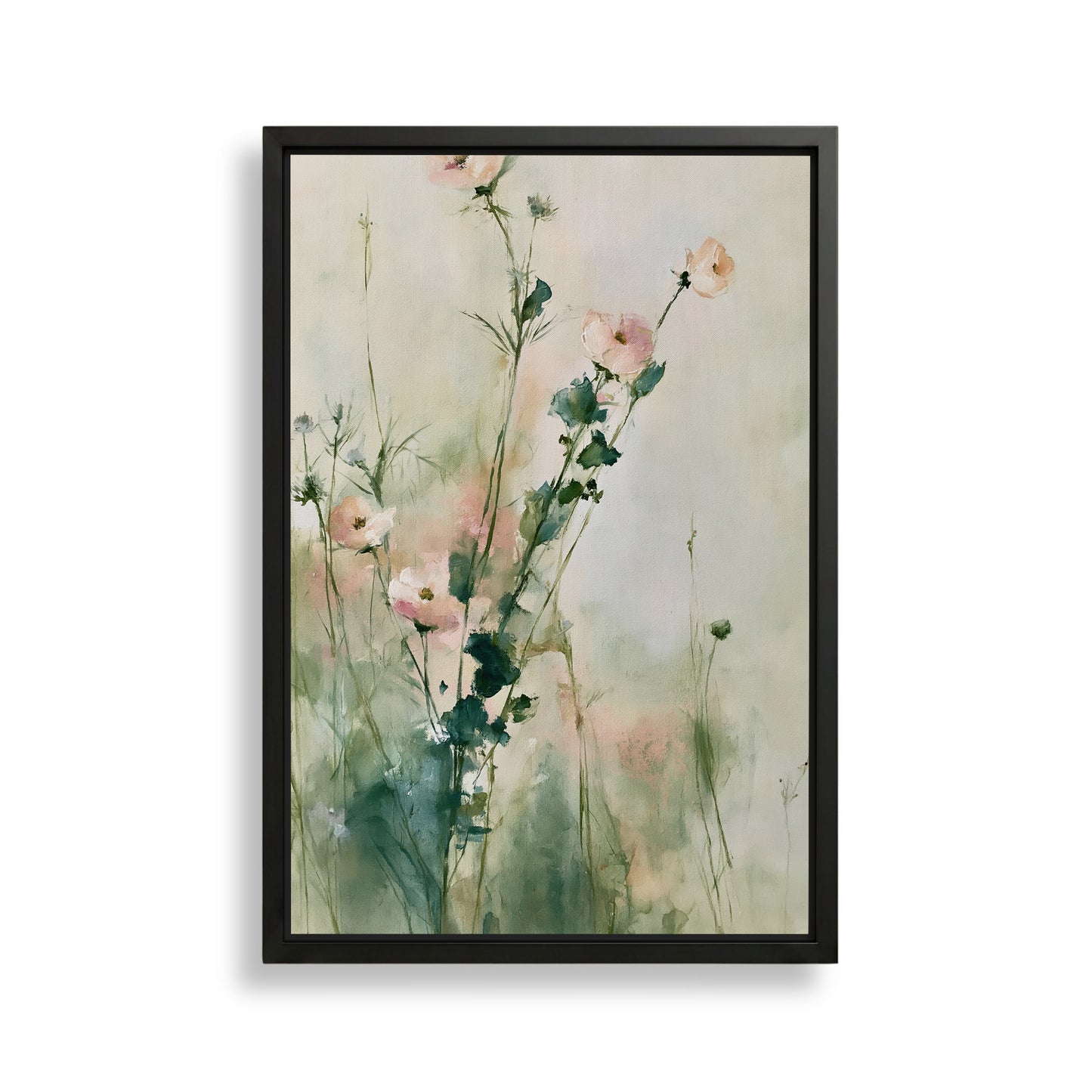 The image is a framed painting depicting a field of pink flowers with green stems and leaves.