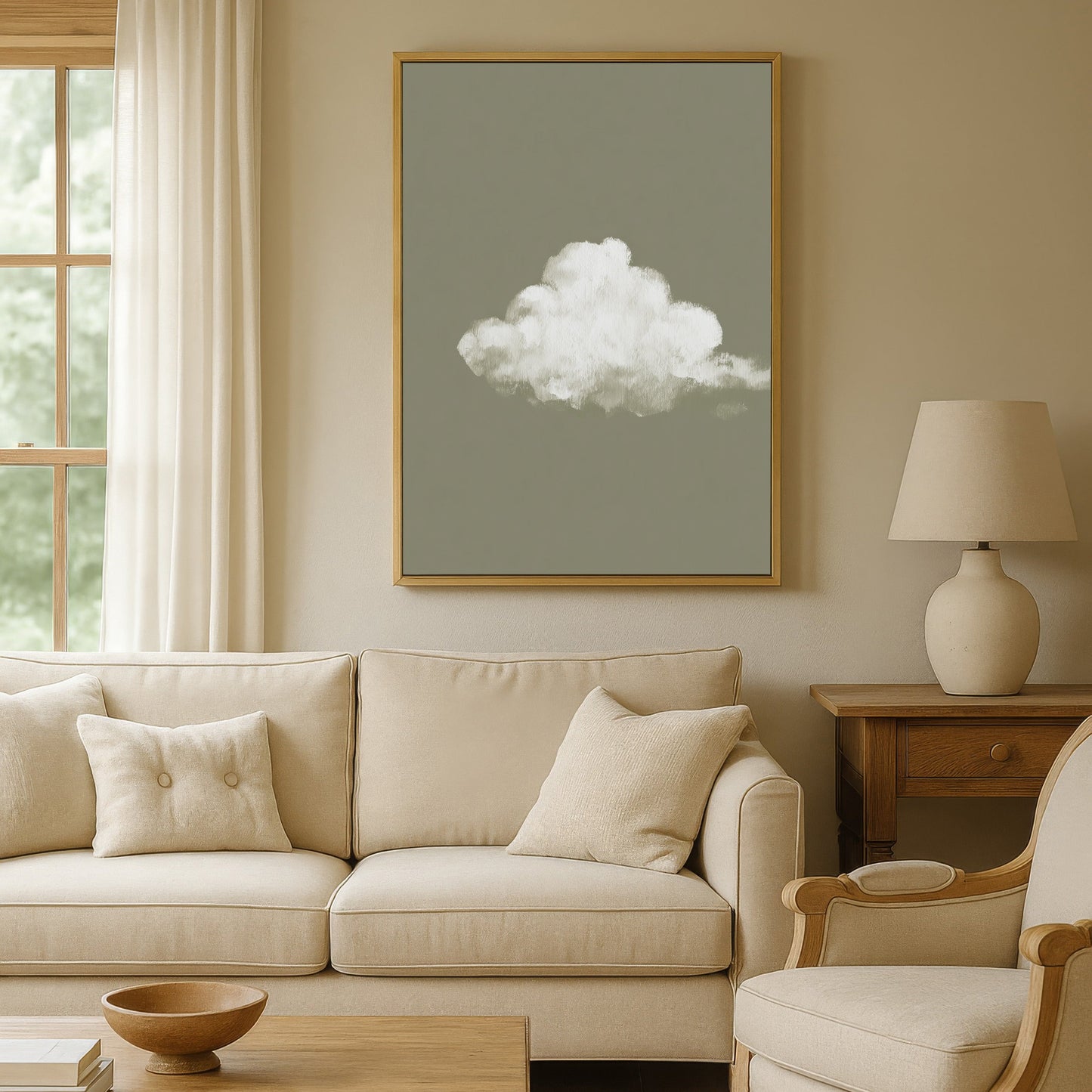Trace Canvas Print featuring a single white cloud on muted sage background in a modern living room setting