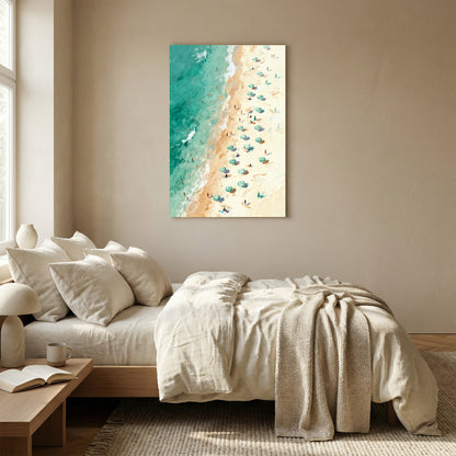 a serene bedroom scene with a large bed, a nightstand, and a painting of a beach scene hanging on the wall.