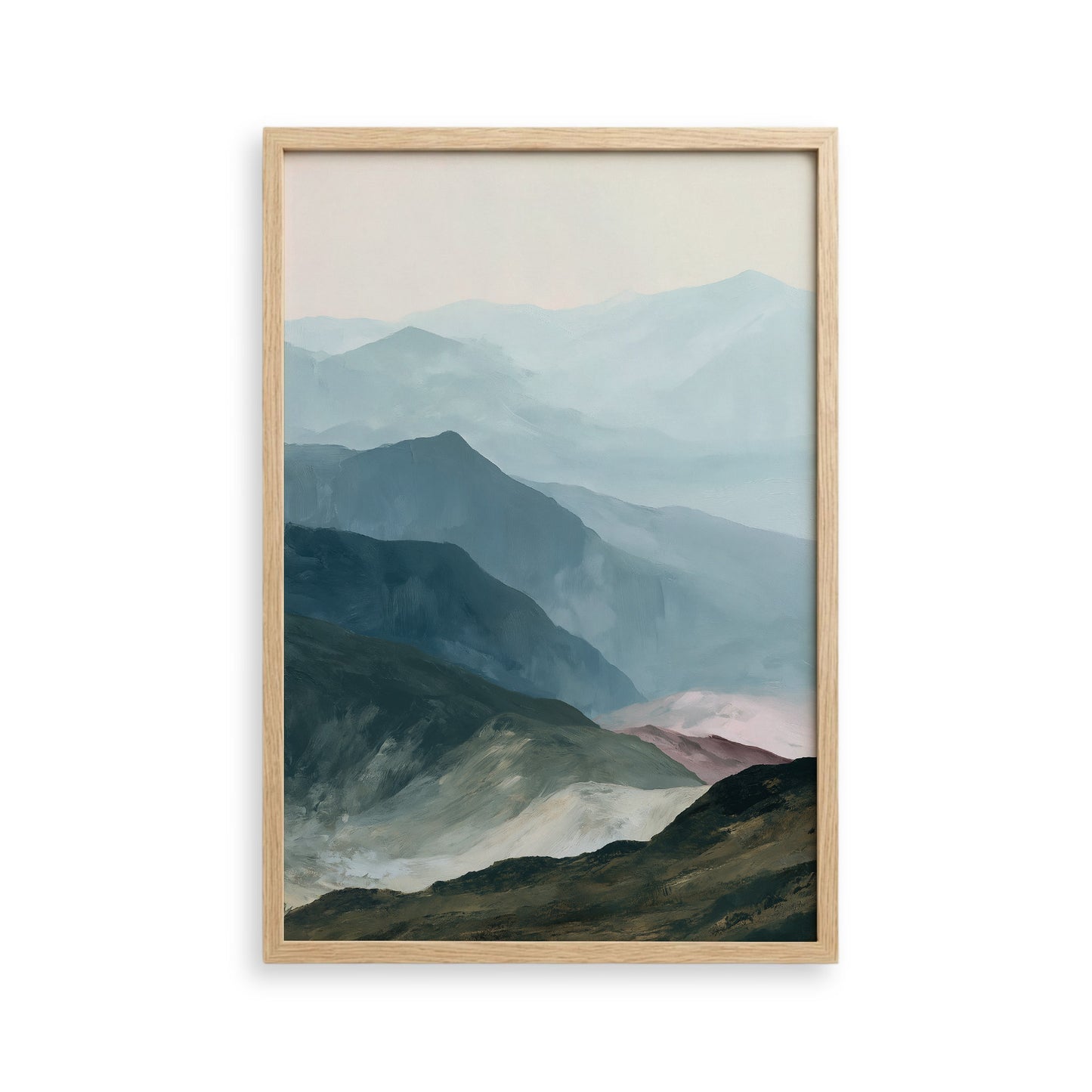 The image is a framed painting depicting a mountainous landscape with a hazy, misty atmosphere.