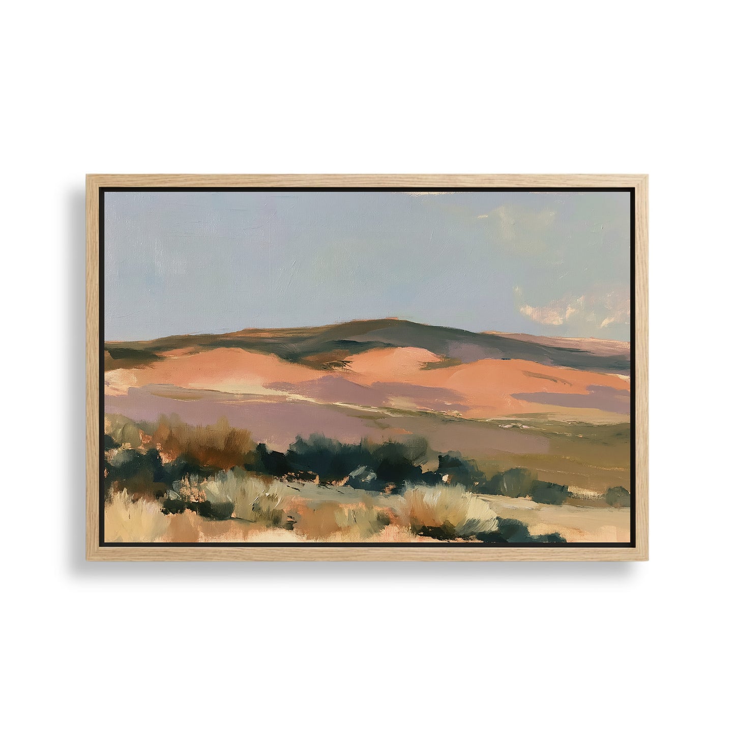 The image is a landscape painting depicting a serene desert scene with rolling hills, sparse vegetation, and a clear blue sky.