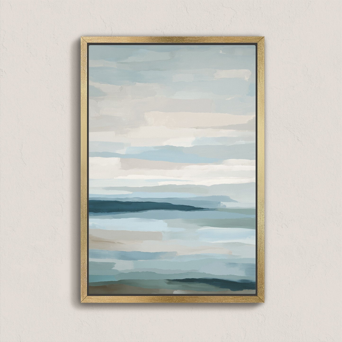 Lapse canvas print depicting serene sea and sky in soft blue, ivory, and sand tones, framed in natural wood.