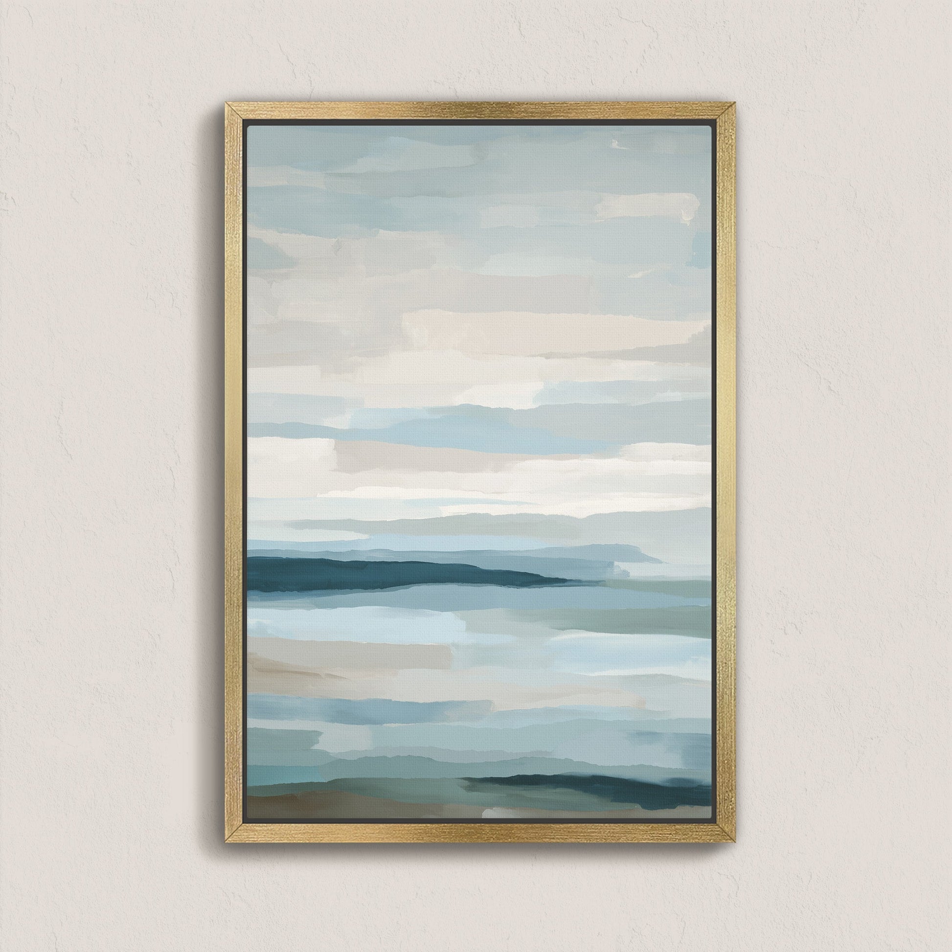 Lapse canvas print depicting serene sea and sky in soft blue, ivory, and sand tones, framed in natural wood.