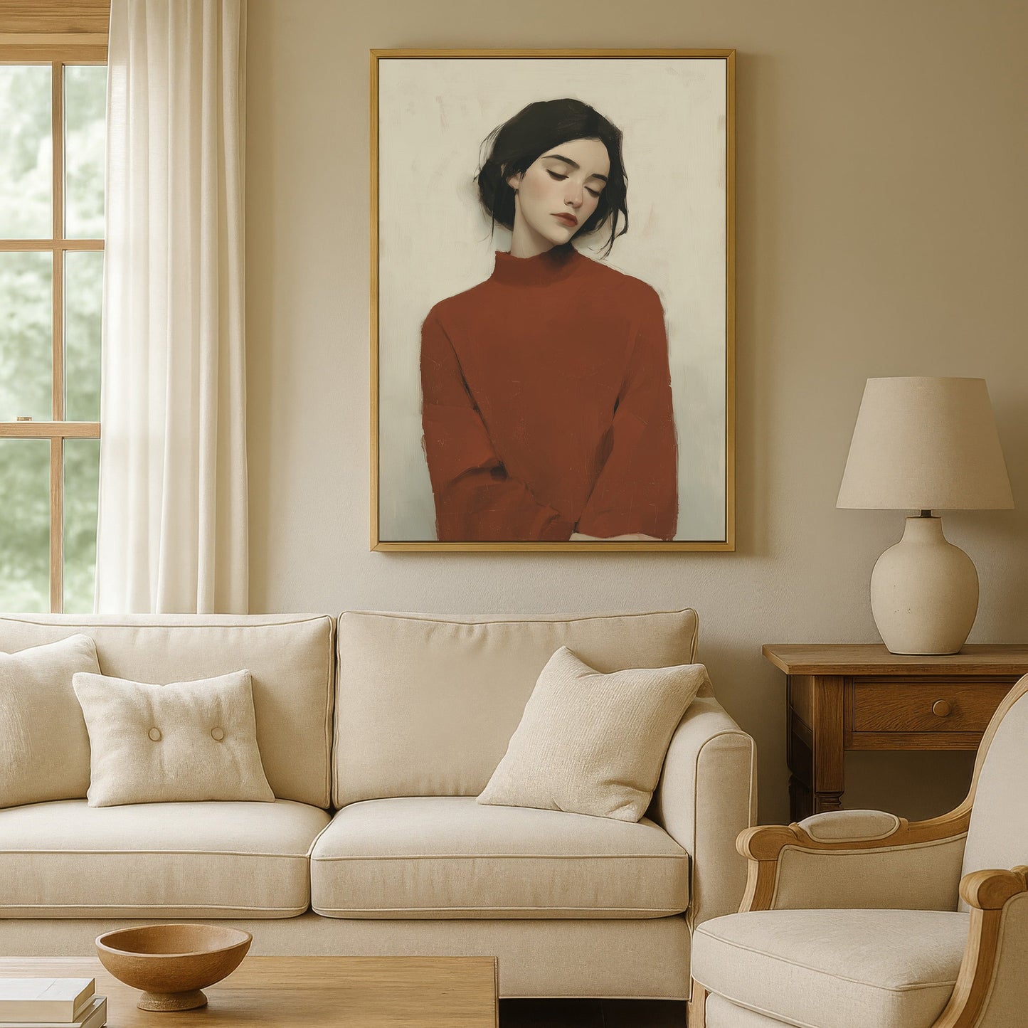 Madi canvas wall art featuring serene portrait of woman in red sweater in minimalist living room