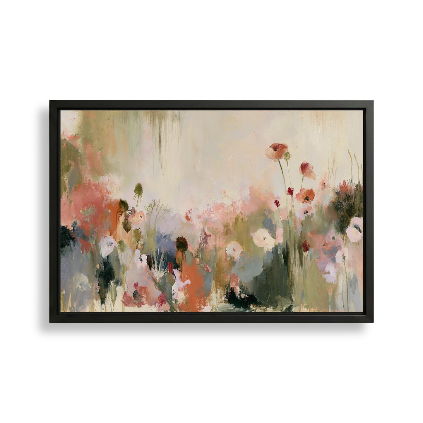 The image is a framed painting depicting a field of colorful flowers, including red, pink, and white blooms, set against a pale background.