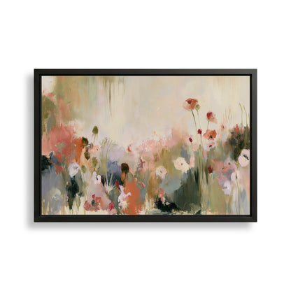 The image is a framed painting depicting a field of colorful flowers, including red, pink, and white blooms, set against a pale background.
