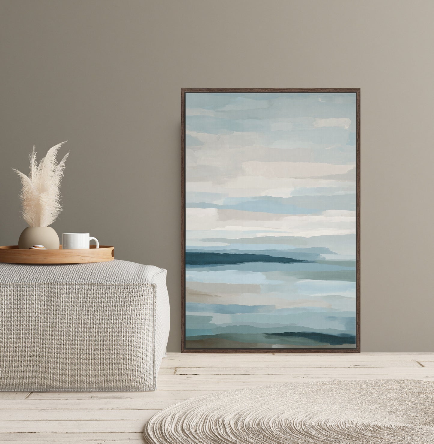 Lapse Canvas Print with soft blue, ivory, and sand tones depicting serene sea and sky in a minimalist room setting