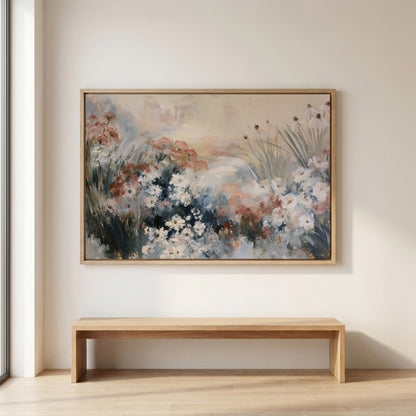 a large, framed painting of a floral landscape hanging on a wall above a wooden bench.