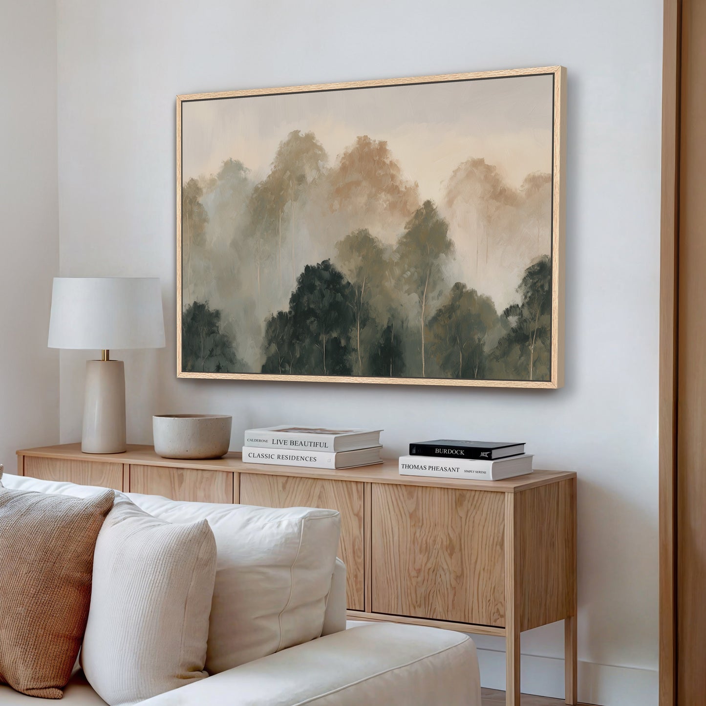 Fable Canvas Print serene misty forest landscape in muted olive and ivory tones on gallery wrapped canvas with natural wood frame in modern living room