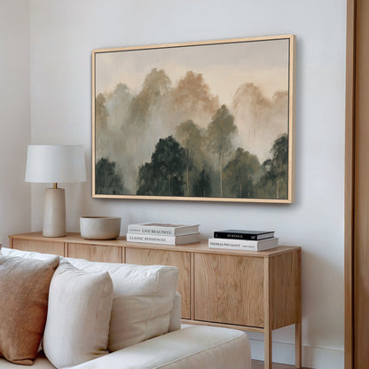 Fable Canvas Print serene misty forest landscape in muted olive and ivory tones on gallery wrapped canvas with natural wood frame in modern living room