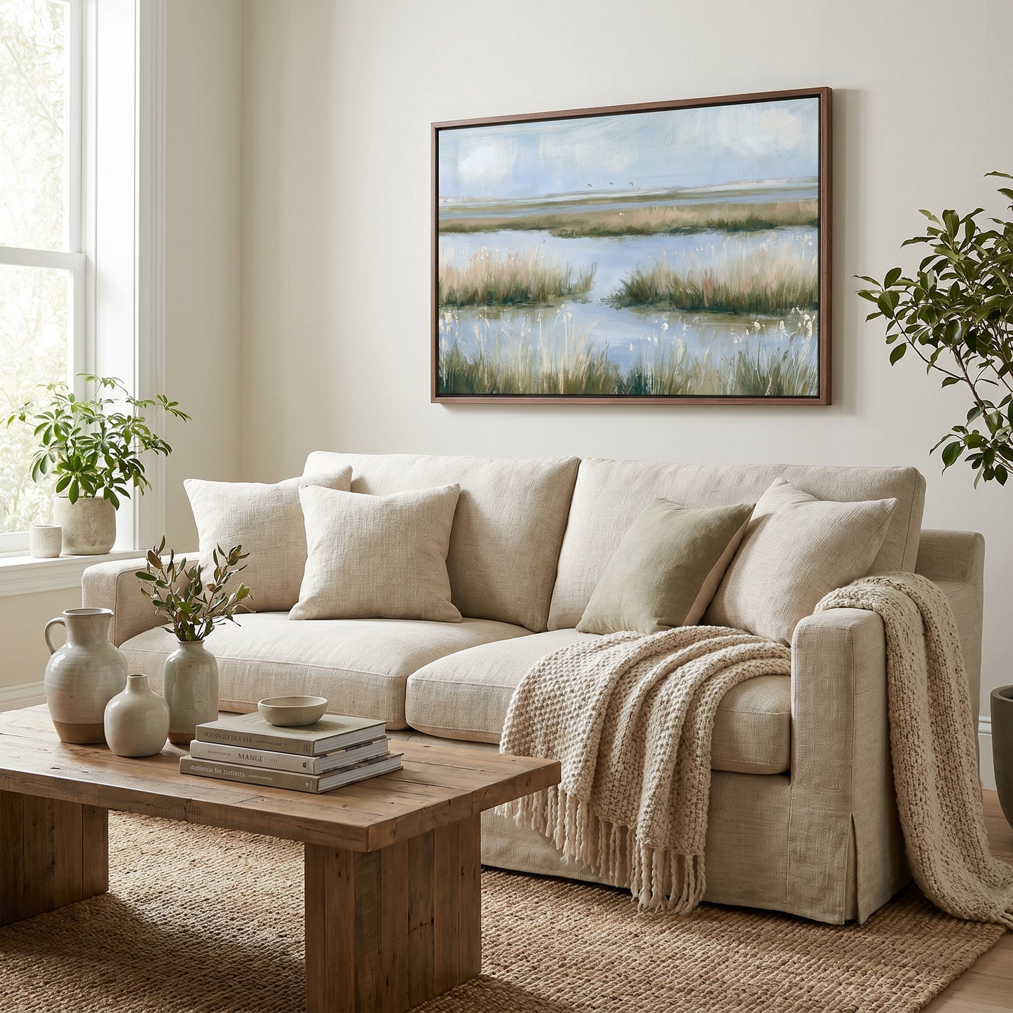 a cozy living room with a beige sofa, a wooden coffee table, and a framed landscape painting on the wall. The room is decorated with potted plants, vases, and books, creating a warm and inviting atmosphere.