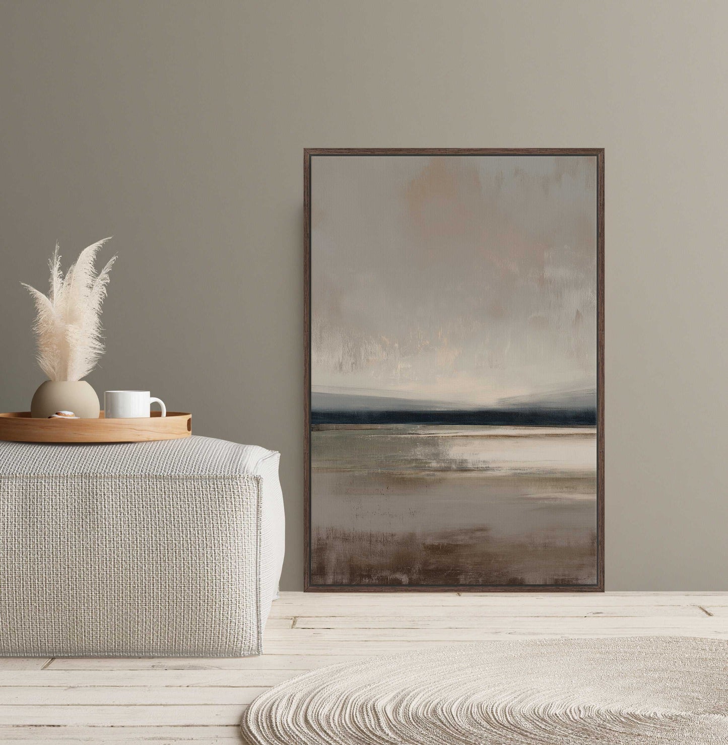 Vast Canvas Art featuring soft taupe, charcoal, and cream gradients with a tranquil horizon in a wooden frame, perfect for modern interiors.