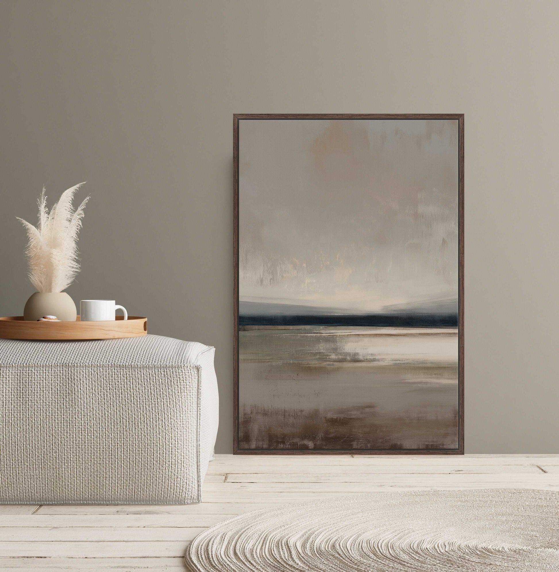 Vast Canvas Art featuring soft taupe, charcoal, and cream gradients with a tranquil horizon in a wooden frame, perfect for modern interiors.