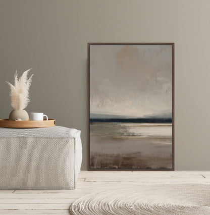 Vast Canvas Art featuring soft taupe, charcoal, and cream gradients with a tranquil horizon in a wooden frame, perfect for modern interiors.