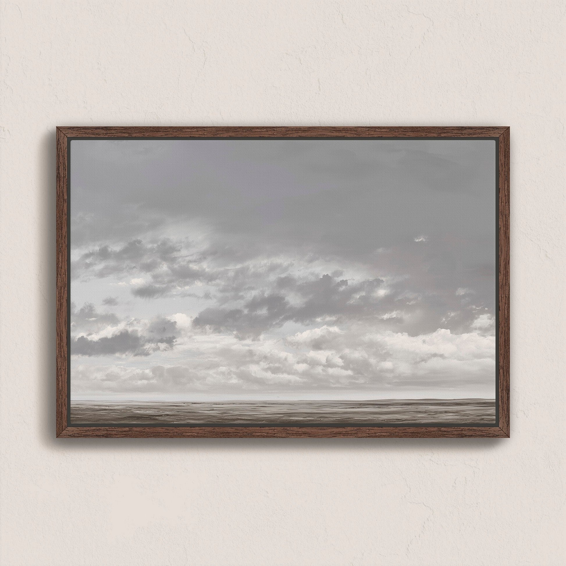 Duskfield Canvas Print of tranquil plain with soft gray clouds in wooden frame for modern interiors