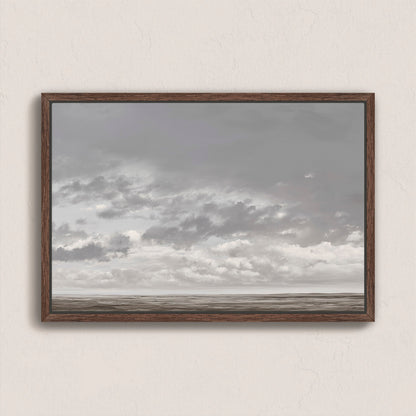 Duskfield Canvas Print of tranquil plain with soft gray clouds in wooden frame for modern interiors