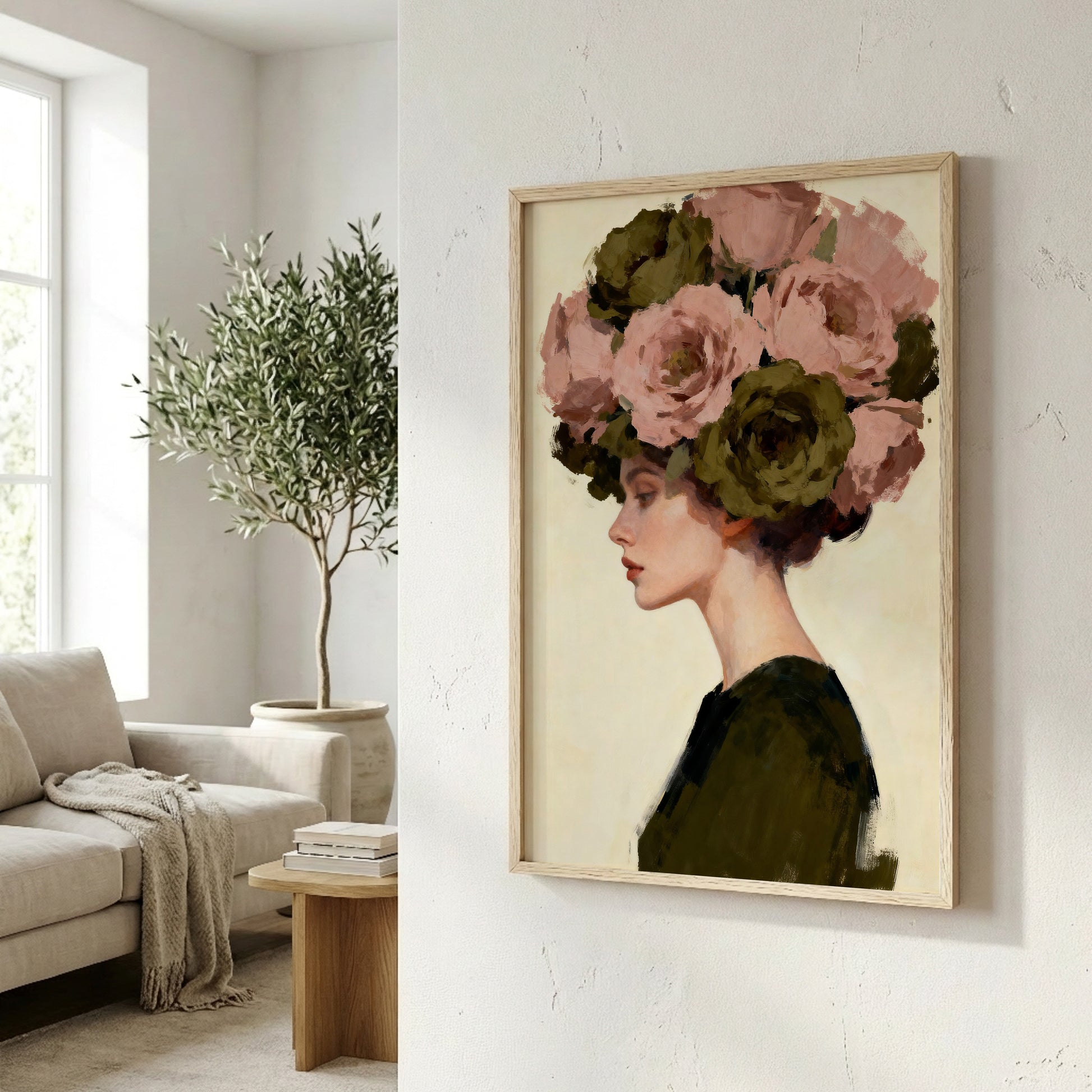 a framed painting of a woman with a large floral headdress, set against a neutral background.