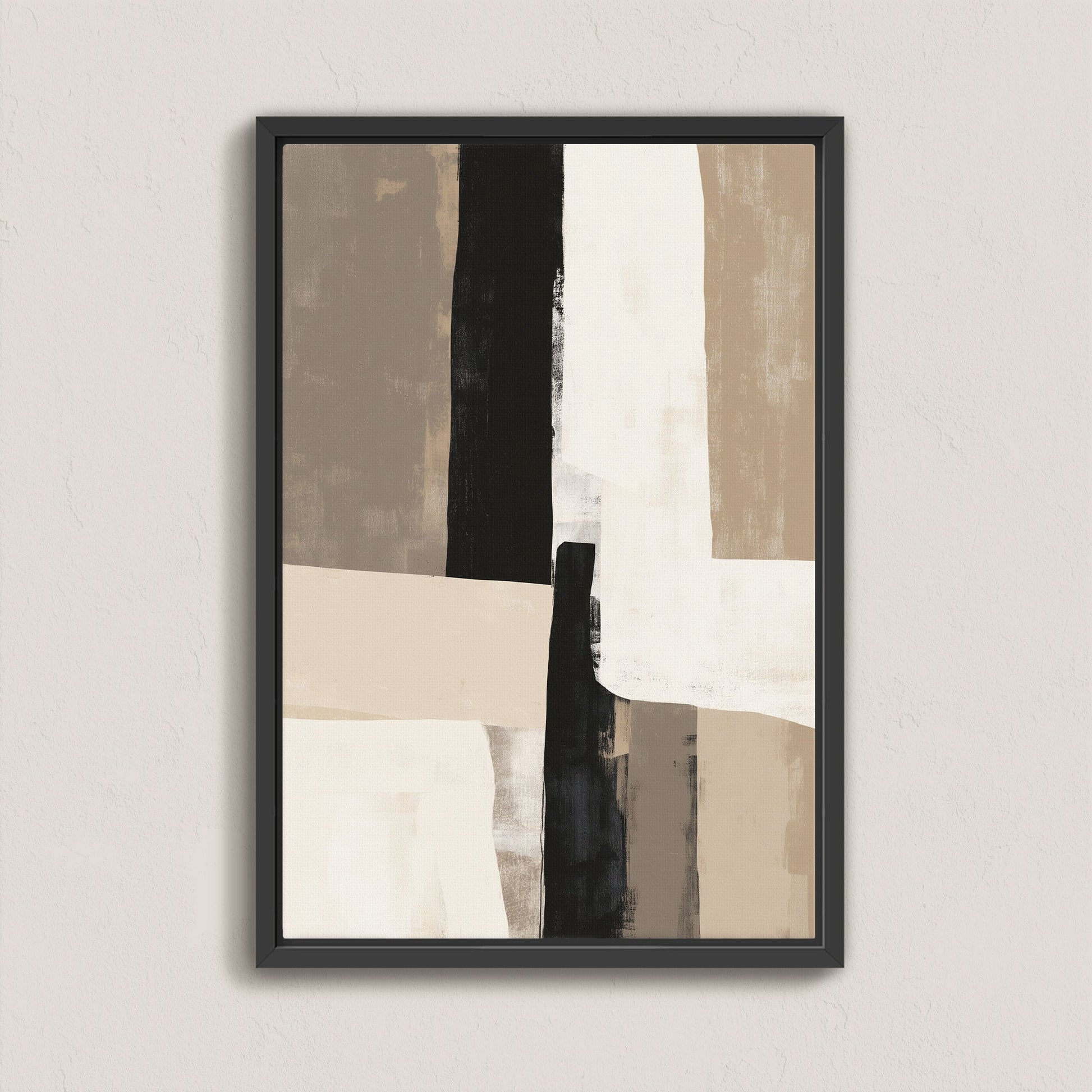 Minimalist abstract Align Canvas Print with layered neutral tones and black frame on wall