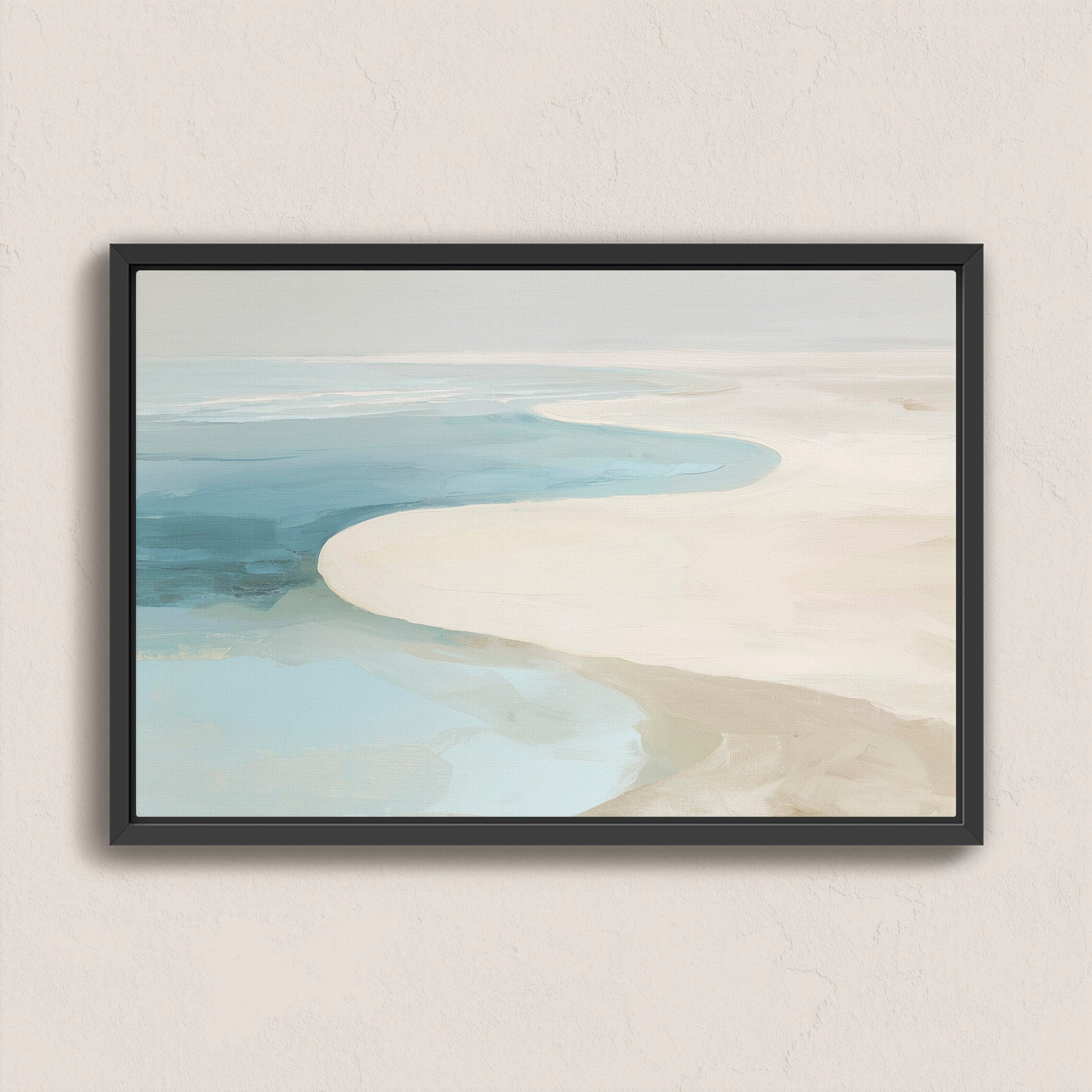 Tideway Canvas Wall Art minimalist coastal scene in black frame with soft ocean blue, ivory, and beige tones