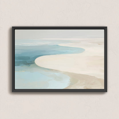Tideway Canvas Wall Art minimalist coastal scene in black frame with soft ocean blue, ivory, and beige tones