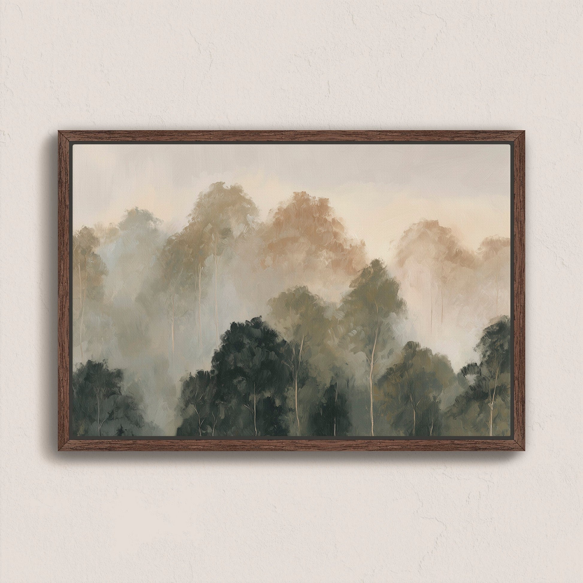Fable canvas print of misty treetops in muted olive and ivory tones framed in walnut wood